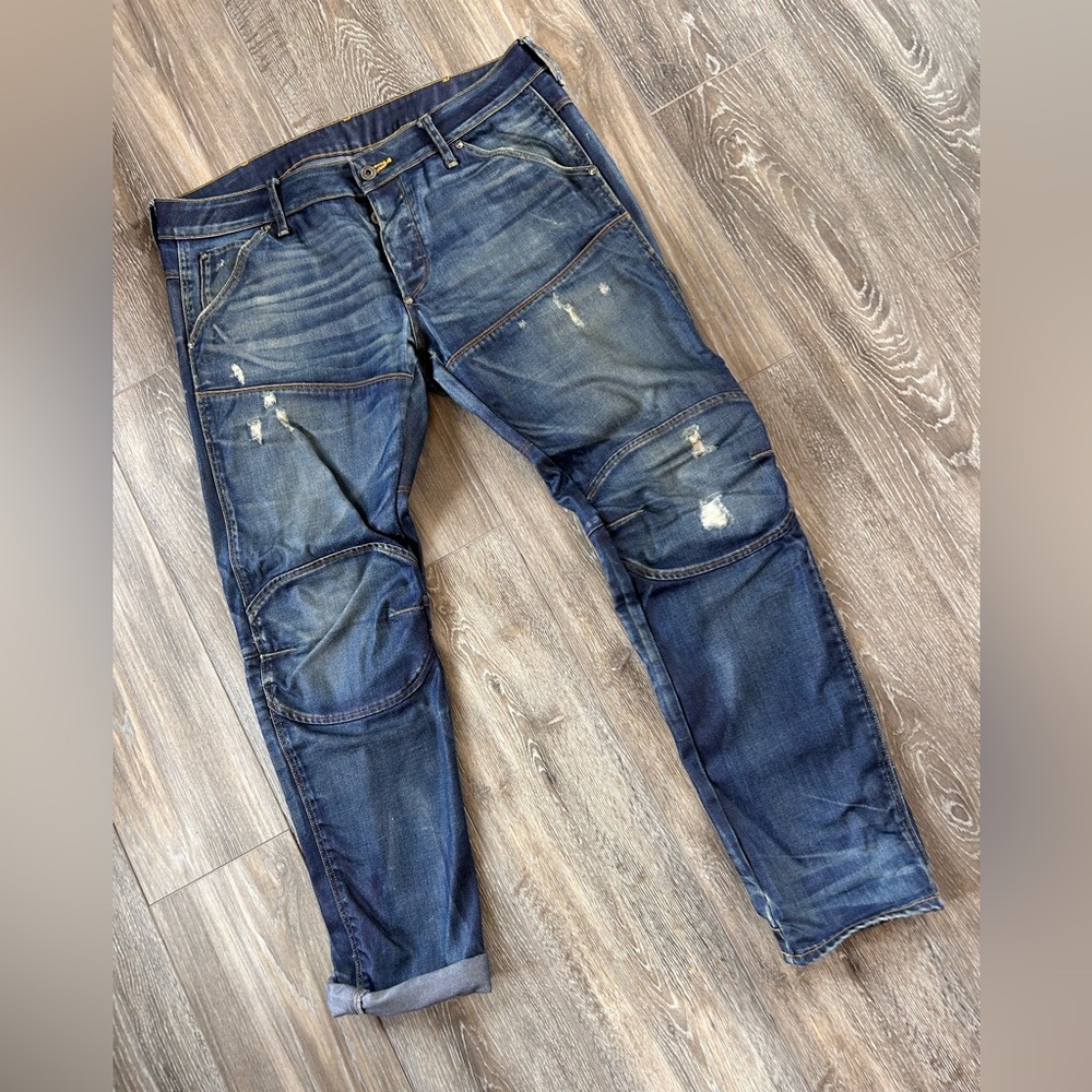 Men's Blue Distressed G Star Raw 3D tapered distressed Jeans size 36W32L